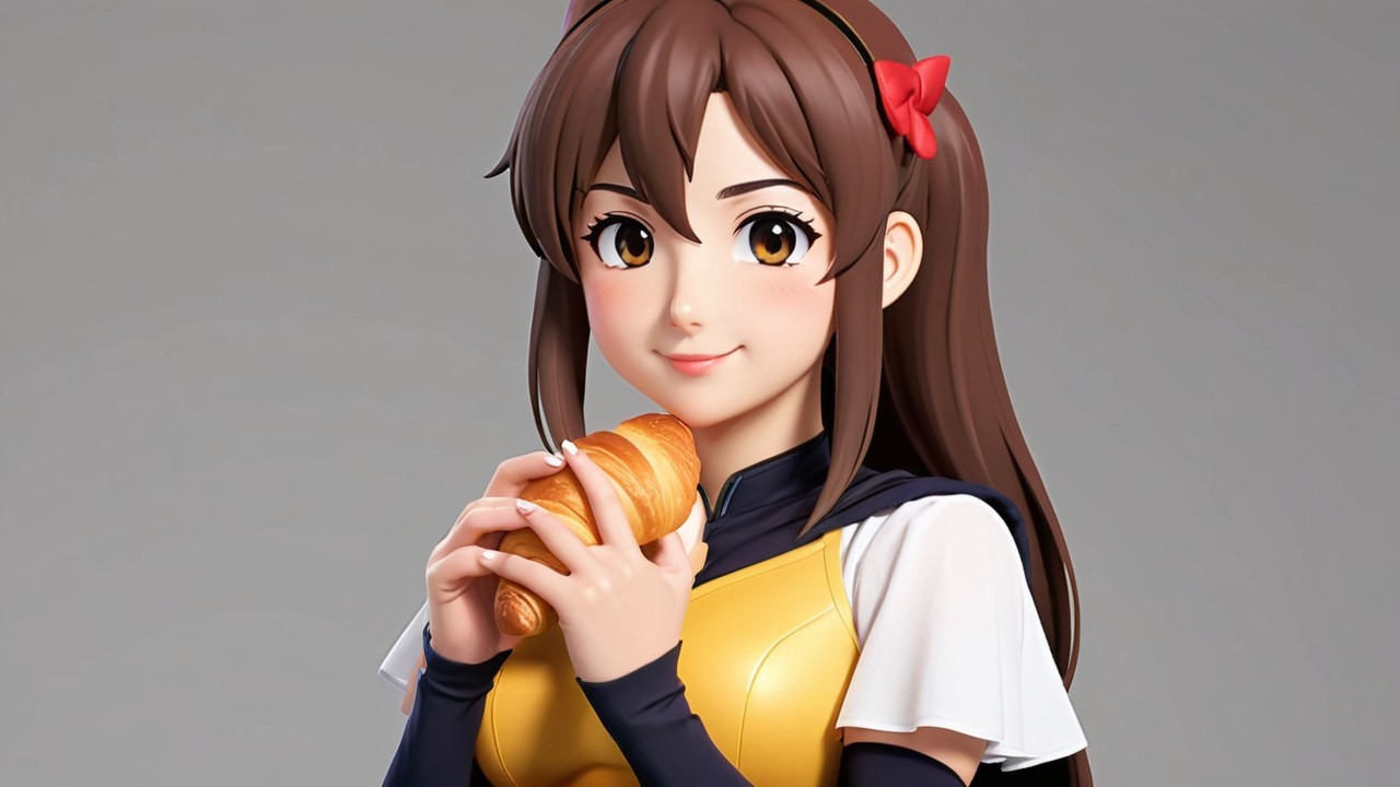 Cheerful anime character with croissant and sporty outfit