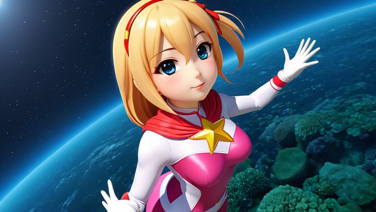 Anime-style character in space with superhero outfit
