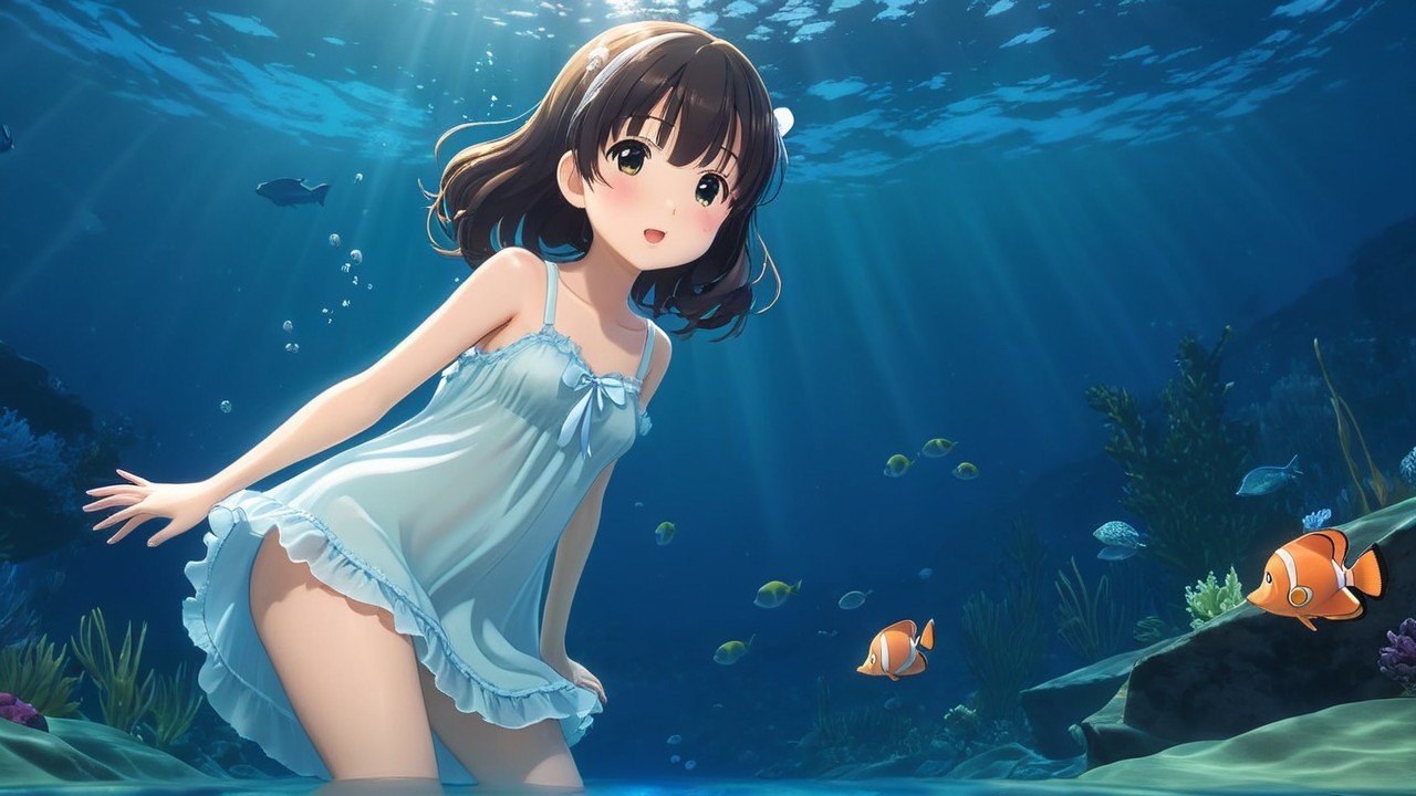 Young girl in light blue dress in vibrant underwater scene