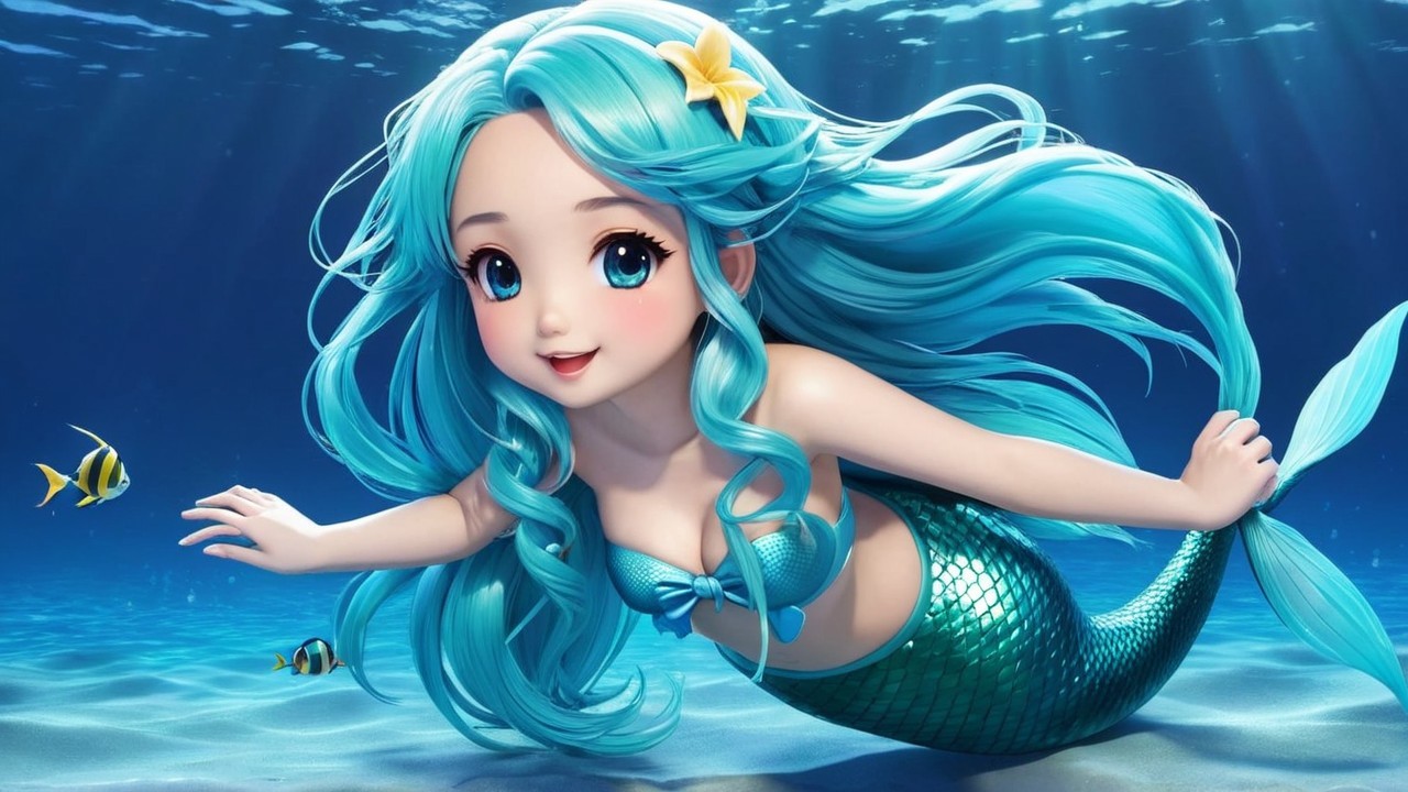 Cartoon Mermaid Swimming in Vibrant Underwater Scene