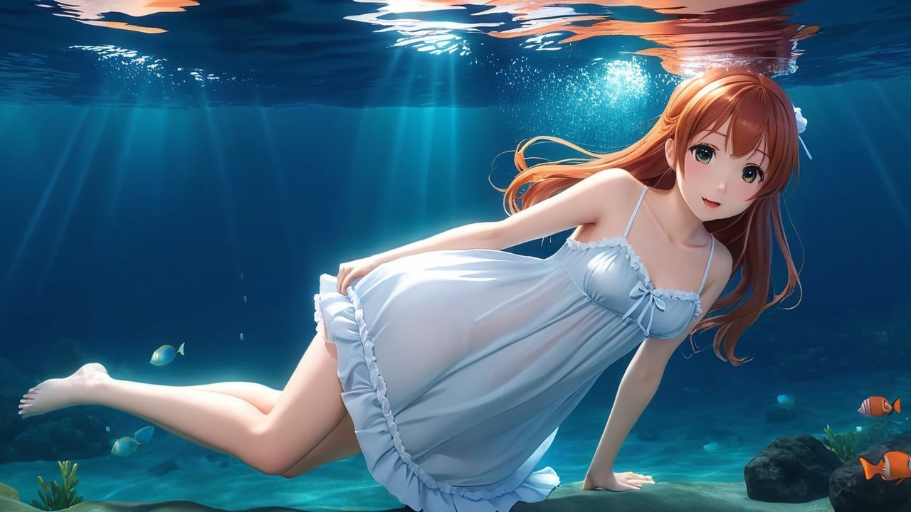 Underwater Scene with Girl and Colorful Fish