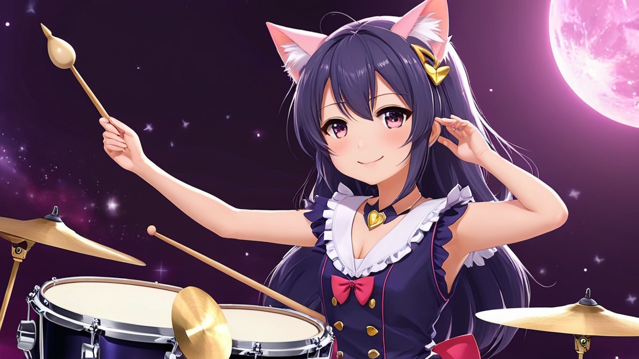 Anime Character with Cat Ears Playing Drums