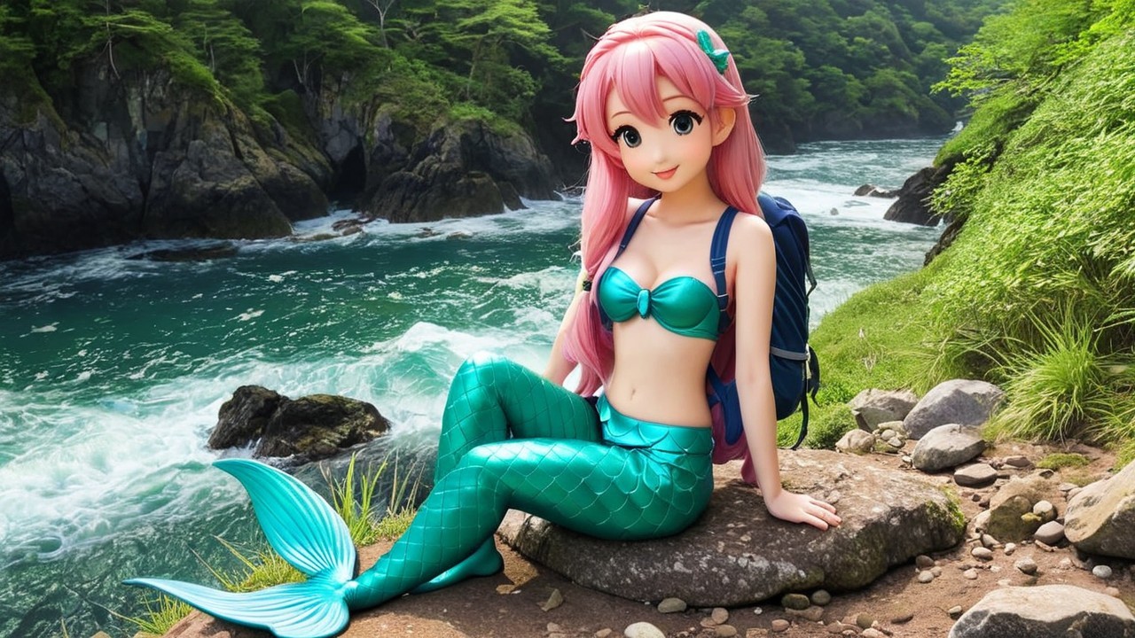 Cheerful Mermaid by Serene River with Pink Hair