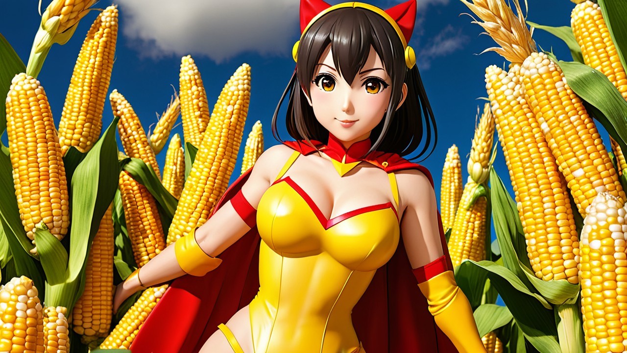 Confident Female Character in Vibrant Cornfield Setting
