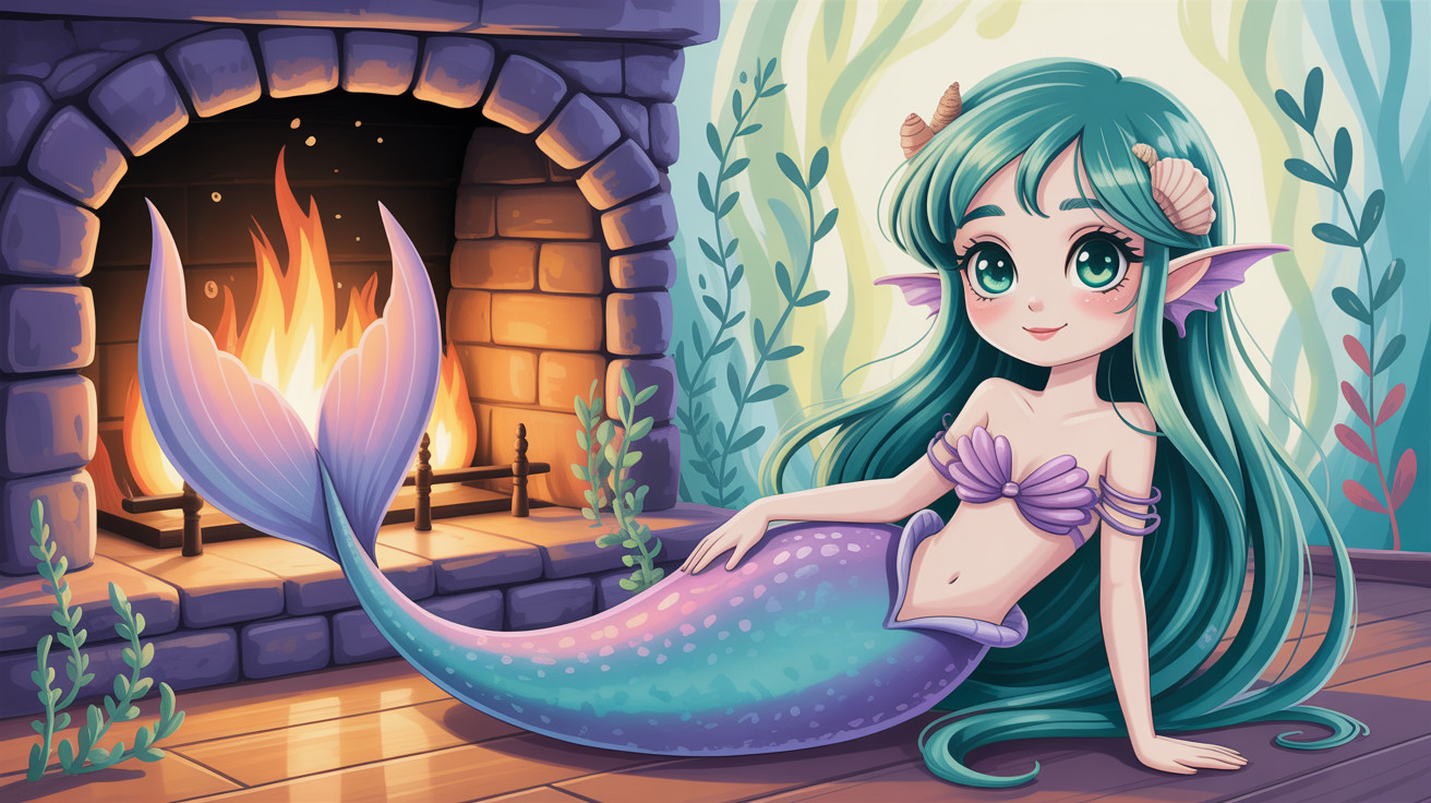 Cute anime mermaid by a colorful fireplace scene