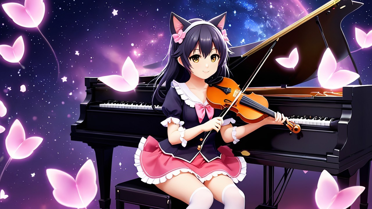 Young girl with cat ears plays violin at piano