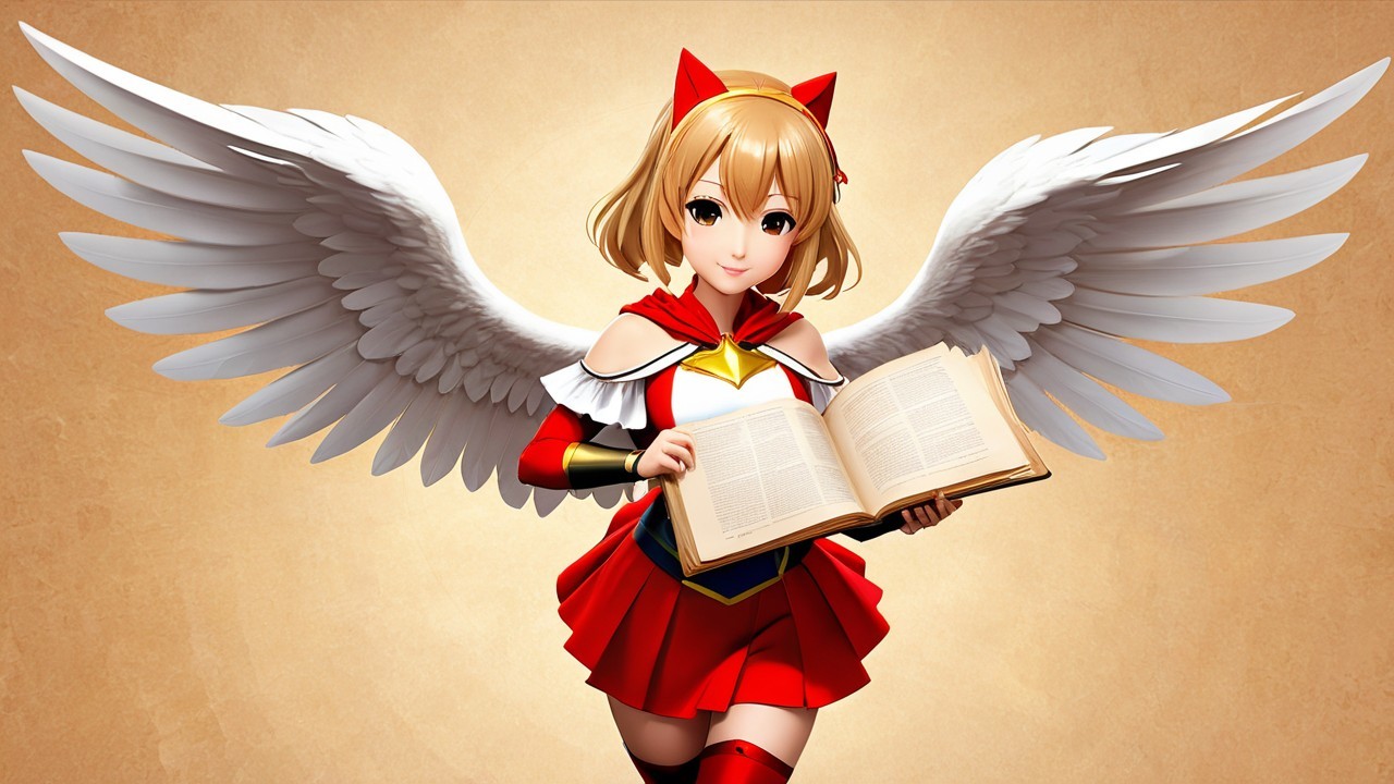 Cheerful anime character with wings and book