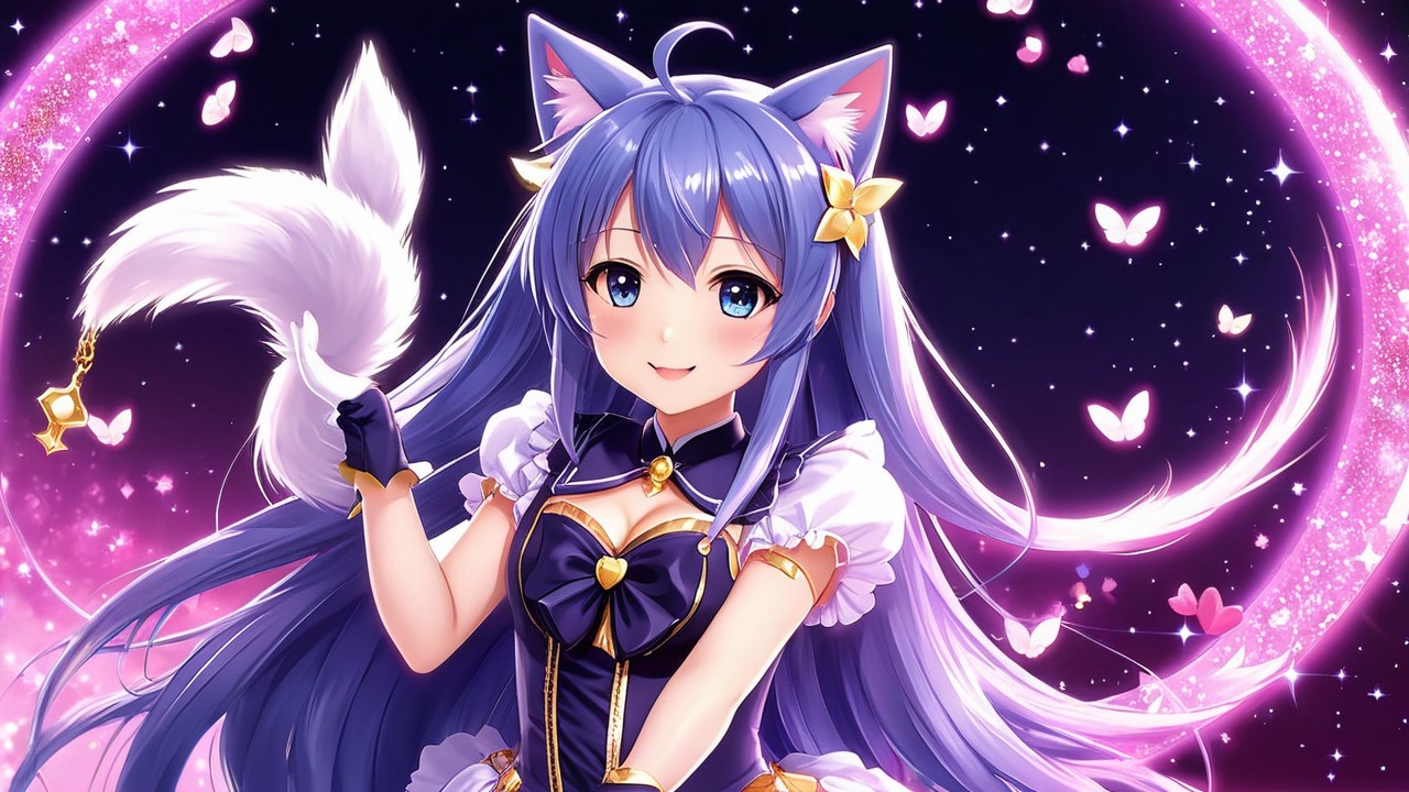 Whimsical Anime Character with Blue Hair and Cat Ears