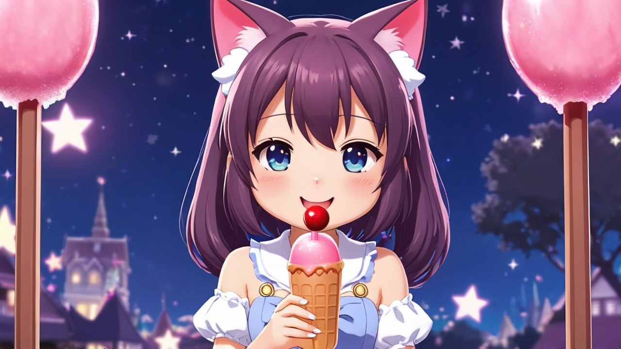 Cute Character with Cat Ears Enjoying Ice Cream at Night