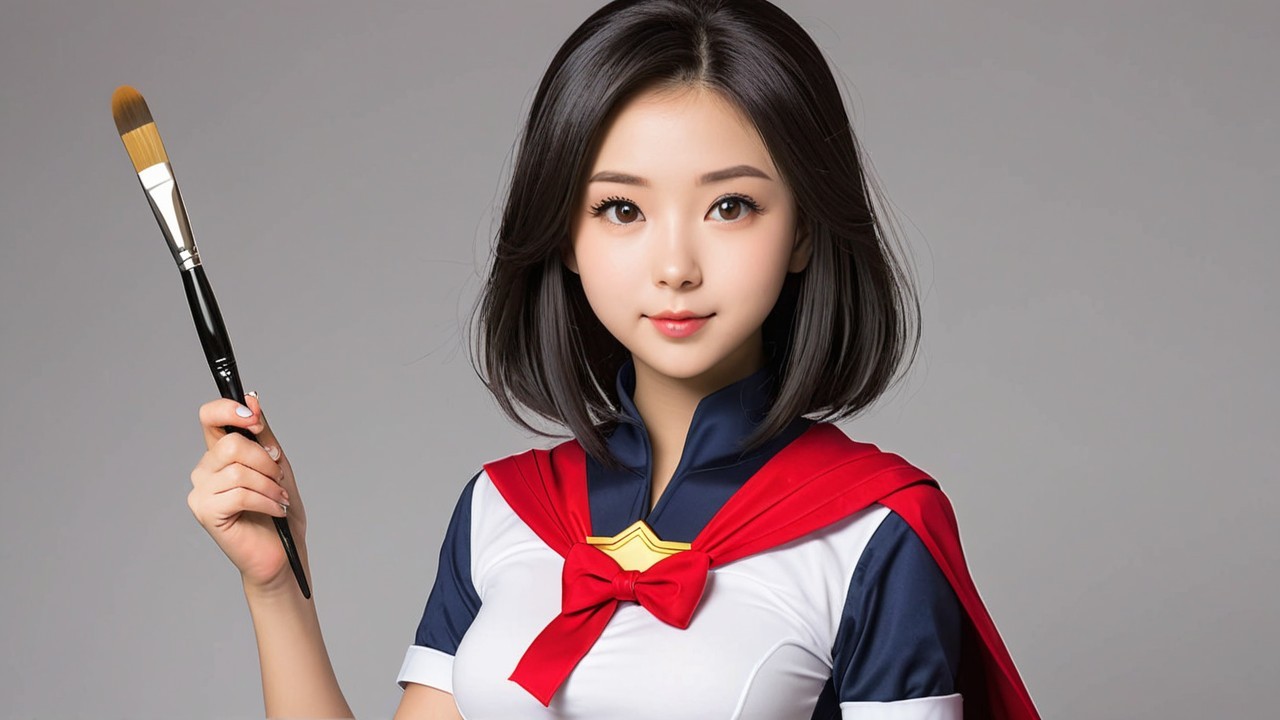 Young woman in superhero outfit with paintbrush