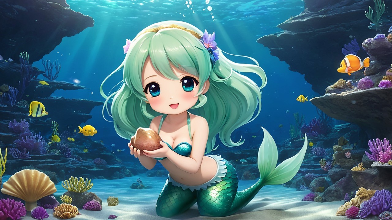 Cartoon Mermaid with Green Hair on Ocean Floor