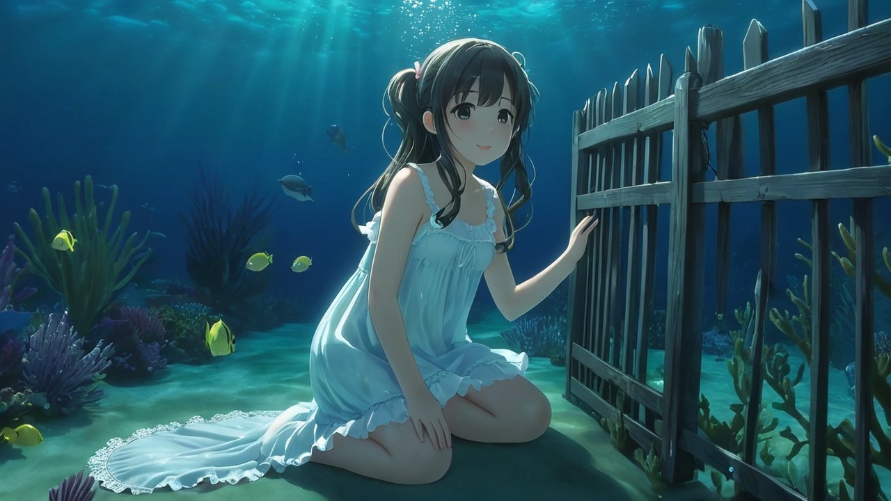 Girl in White Dress Surrounded by Coral and Fish