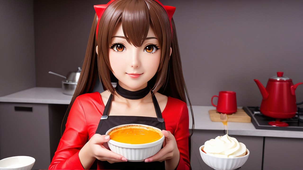 Cheerful animated character in modern kitchen with dessert