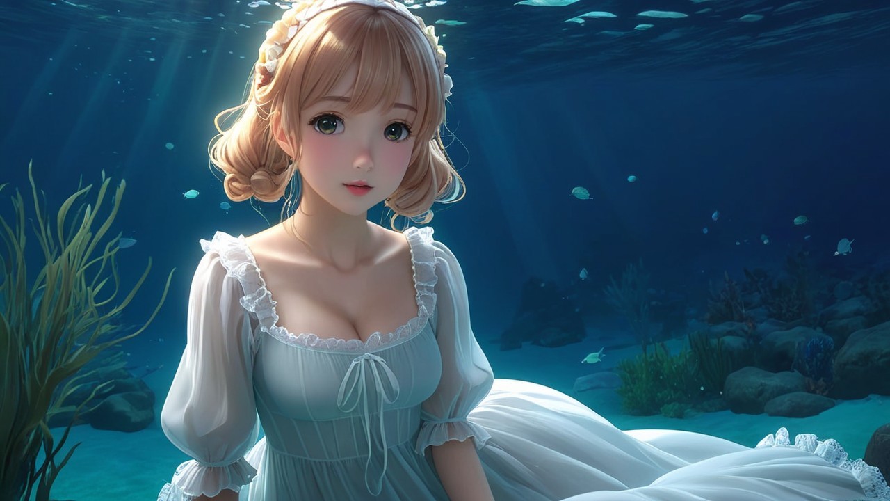 Underwater Scene with Woman in White Gown and Fish