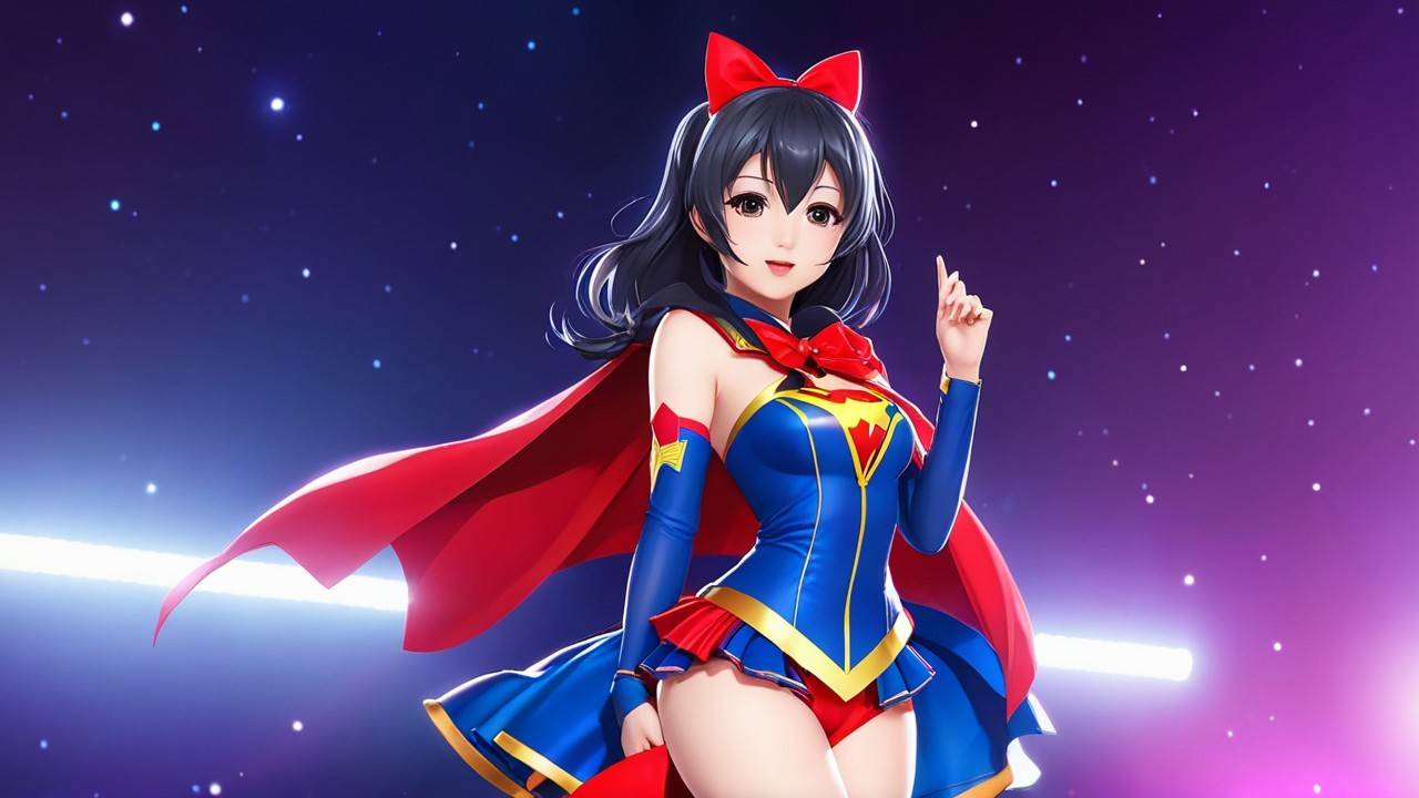 Vibrant Superhero Character with Dark Hair and Cape