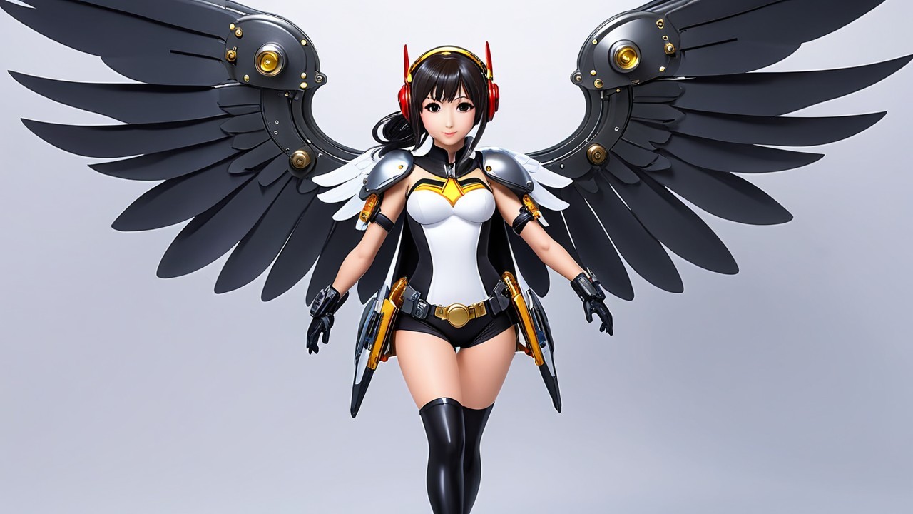 Stylized character with intricate black wings and outfit