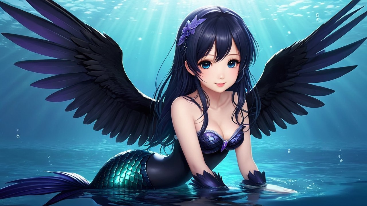 Mermaid with Dark Hair and Black Wings in Water
