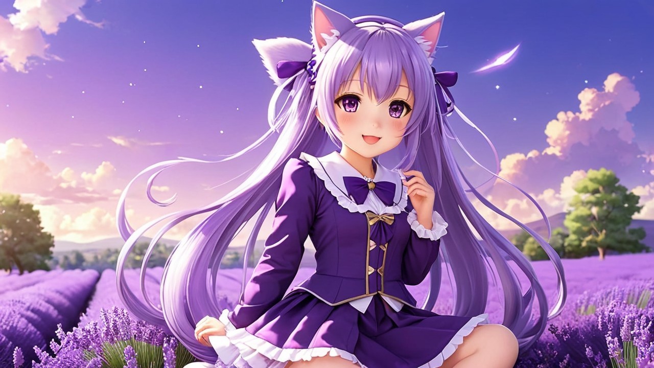 Cheerful anime girl in lavender field with cat ears