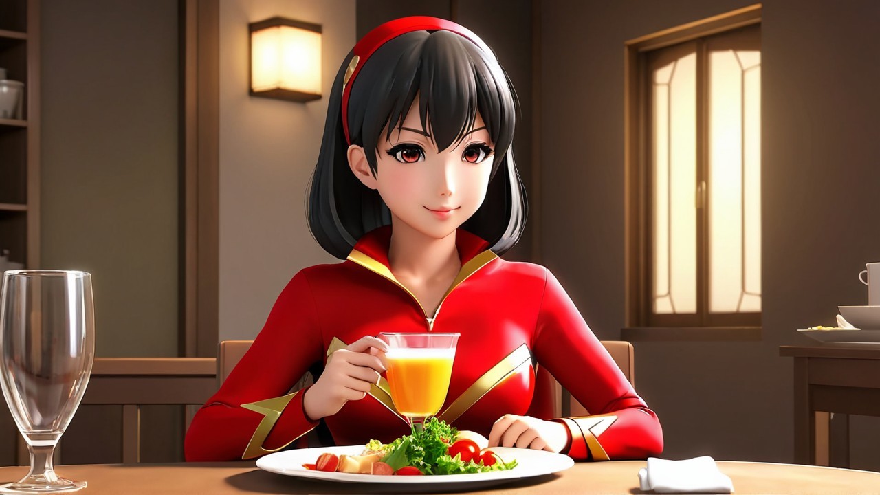 Animated Character at Dining Table with Colorful Food