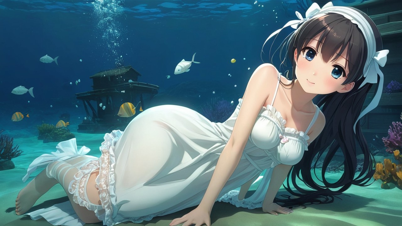 Underwater Scene with Girl in White Dress and Coral