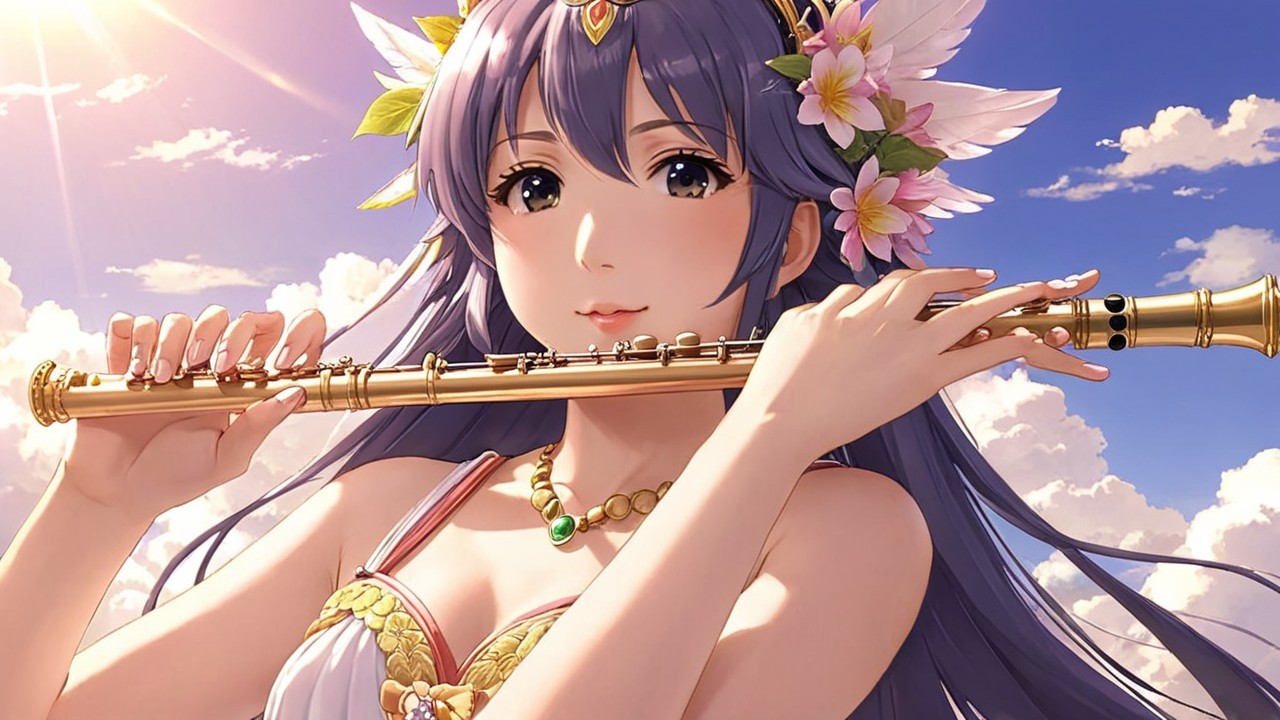 Anime Character with Flute in Serene Cloudy Setting