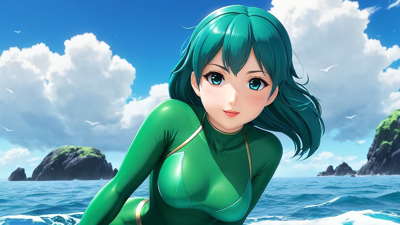 Young woman with teal hair in ocean scene
