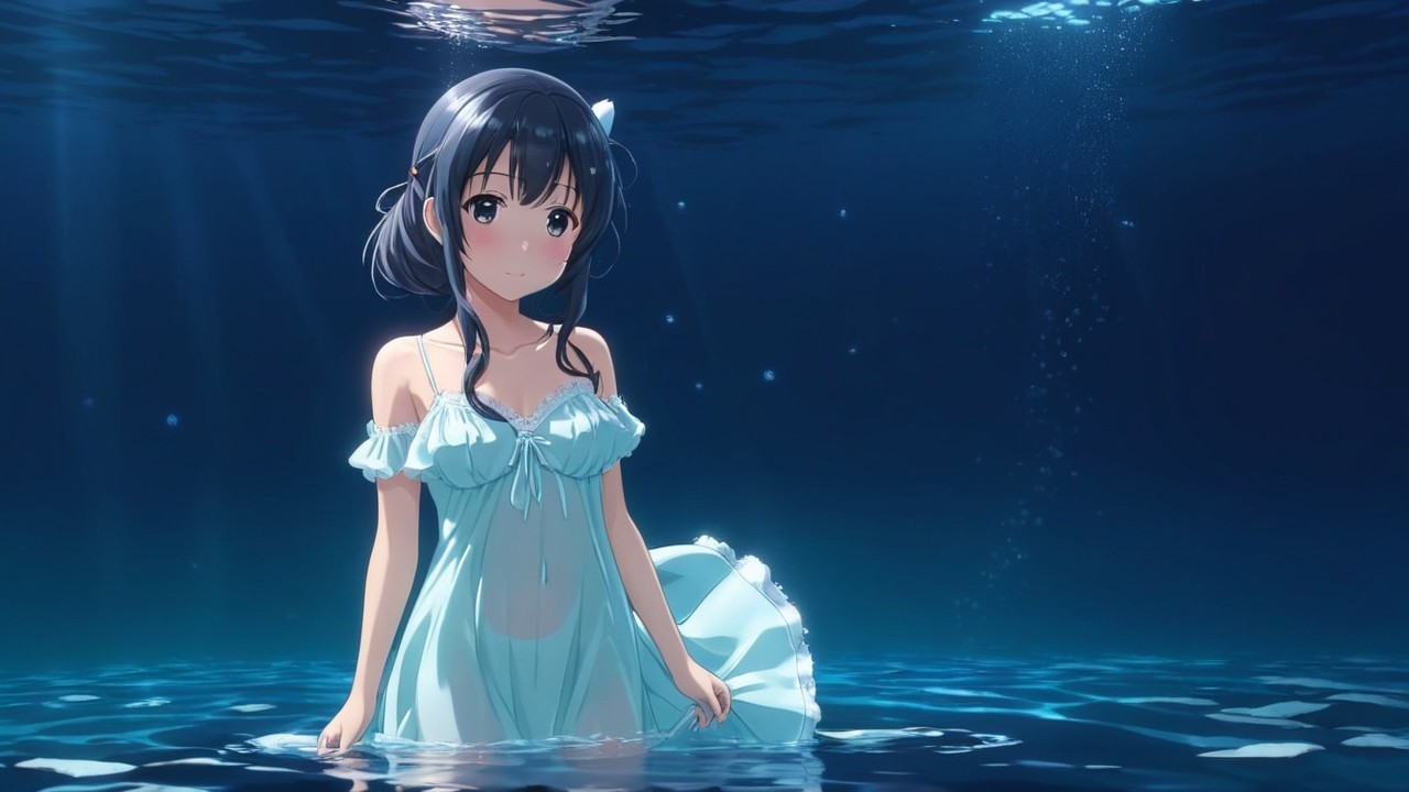 Young girl in tranquil underwater scene with bubbles