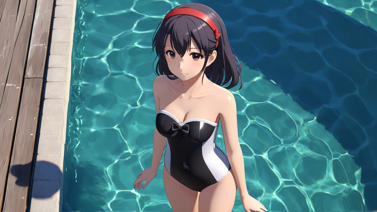 Young woman by sparkling blue pool in stylish swimsuit