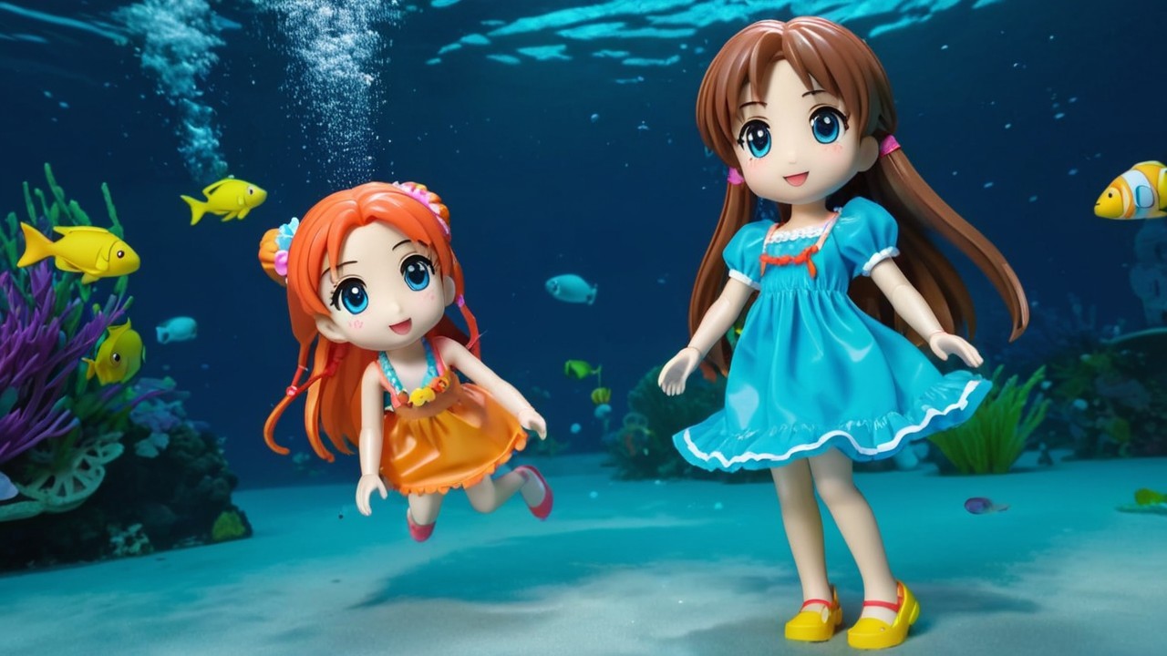 Cheerful Dolls Surrounded by Vibrant Underwater Life