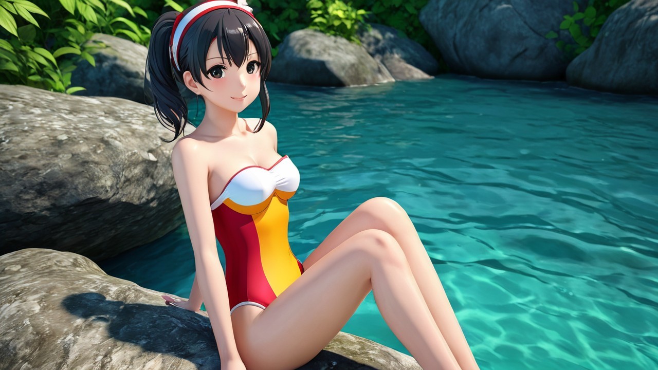 Cheerful anime character by serene turquoise water