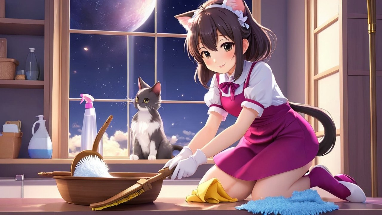 Moonlit Room with Girl, Cat, and Cleaning Scene
