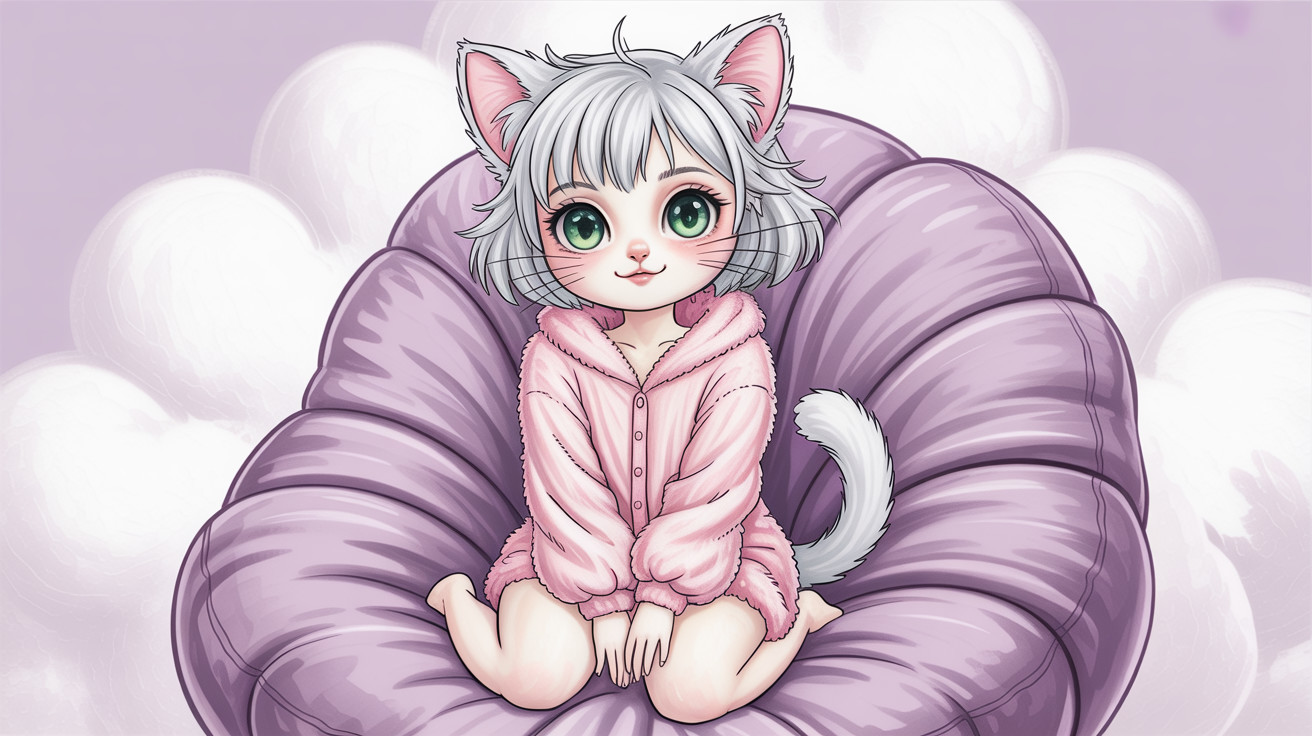 Anime Style Cat Girl in Fluffy Sweater on Bean Bag