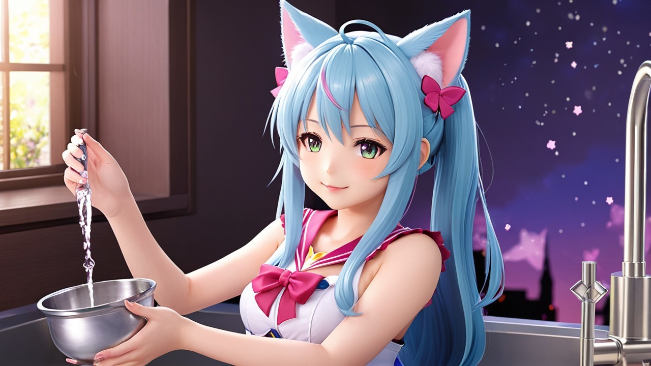 Animated character with aqua blue hair and cat ears