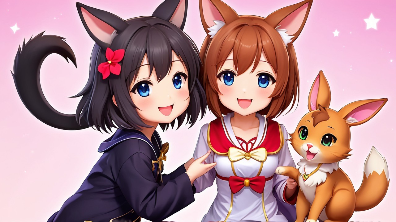 Anime-style girls with cat features and a dog
