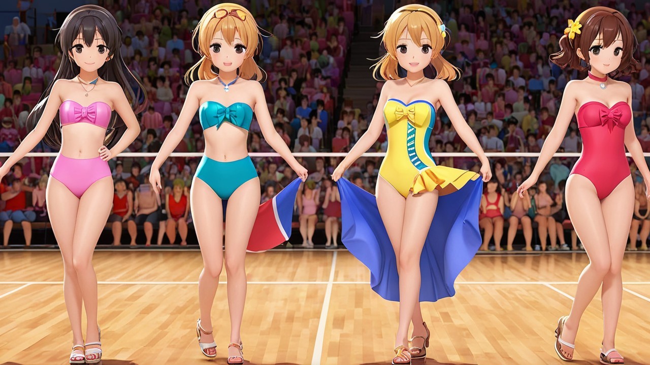 Four Animated Female Characters in Colorful Swimwear