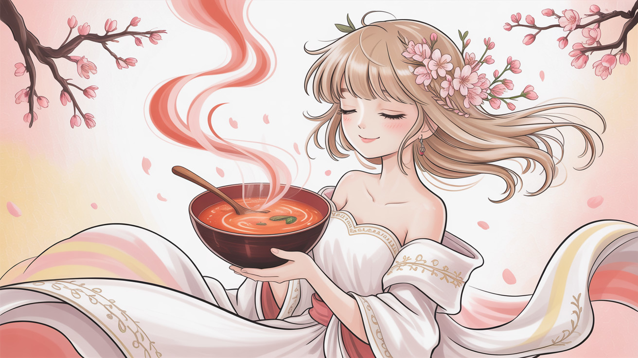 Anime illustration of a girl with brown hair and soup
