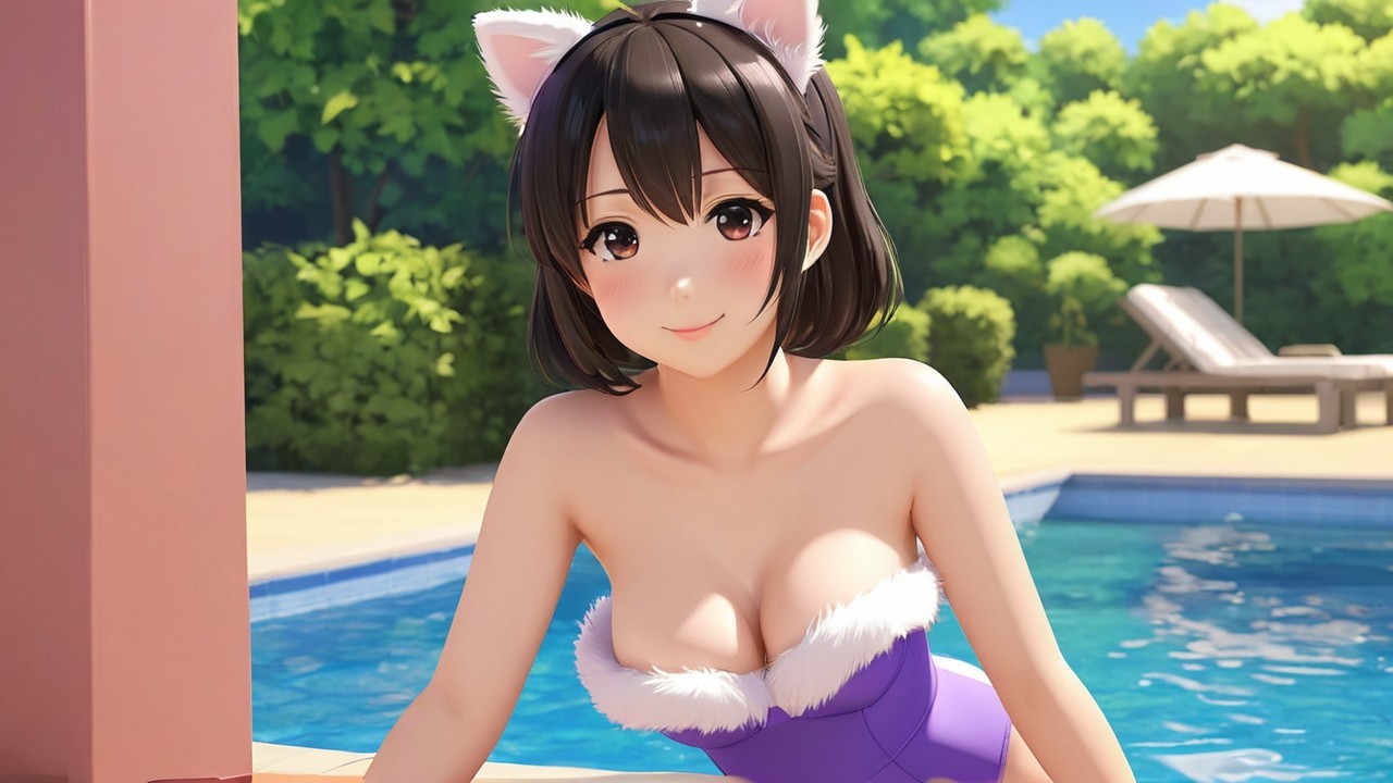 Cheerful anime girl by pool in purple swimsuit