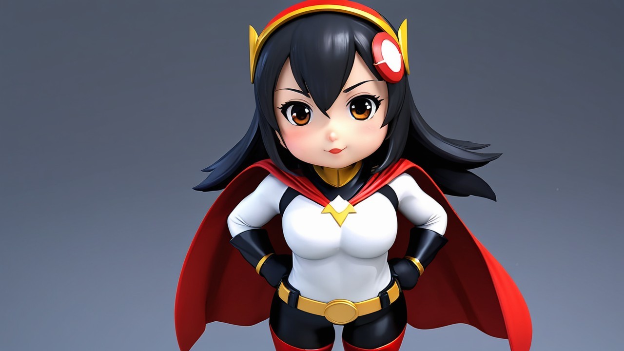 Chibi-style superhero character with vibrant outfit