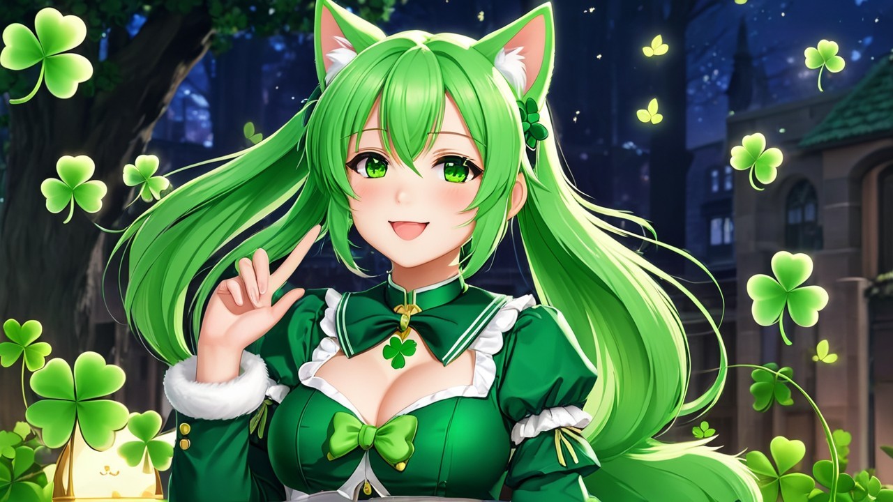 Cheerful Character with Green Hair in Dim Forest