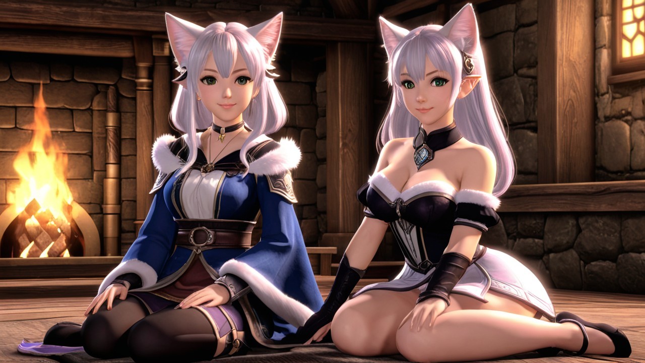 Elegant Cat-Like Characters in Cozy Wooden Interior