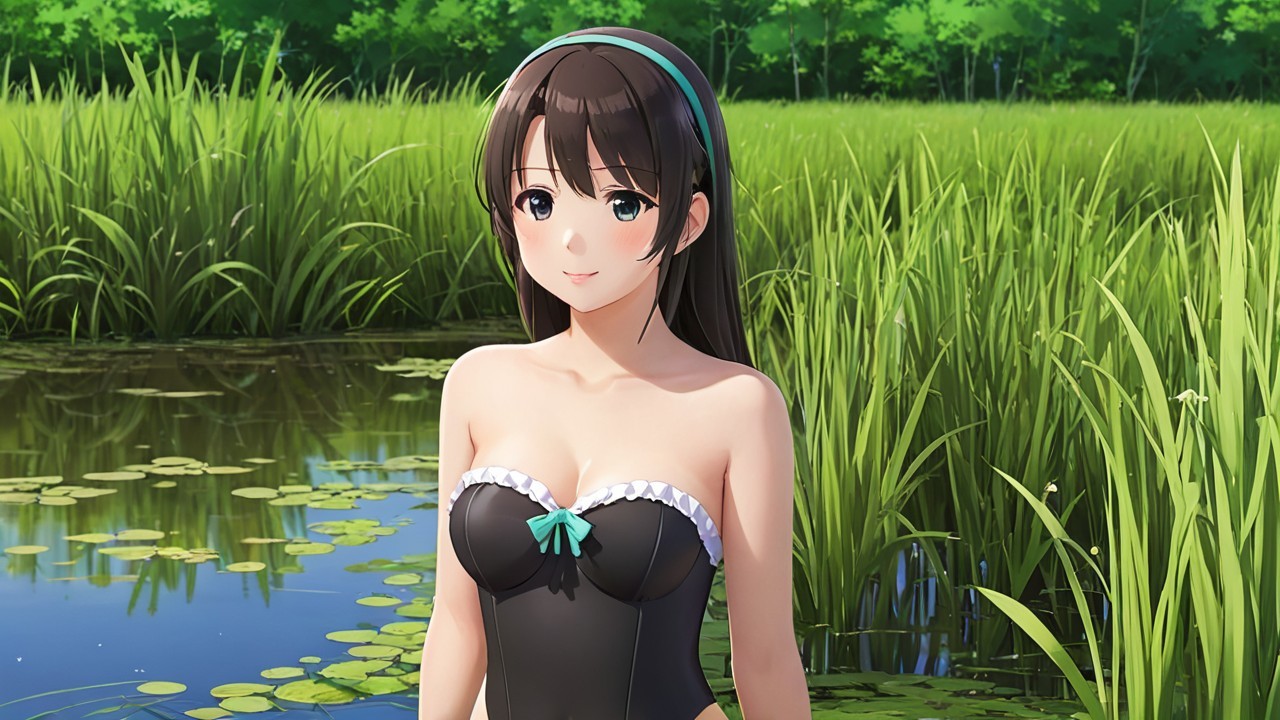Young woman by serene pond in stylish swimsuit