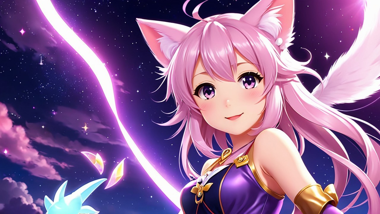 Anime Character with Pink Hair and Cat Ears in Night Sky