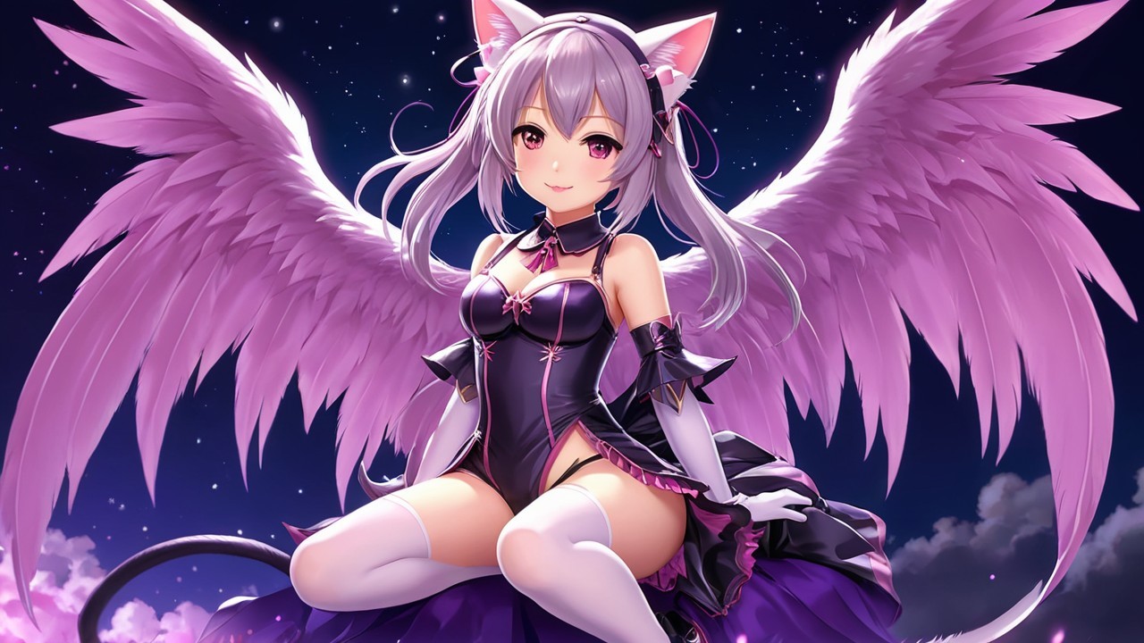 Whimsical Character with Cat Ears and Pink Wings