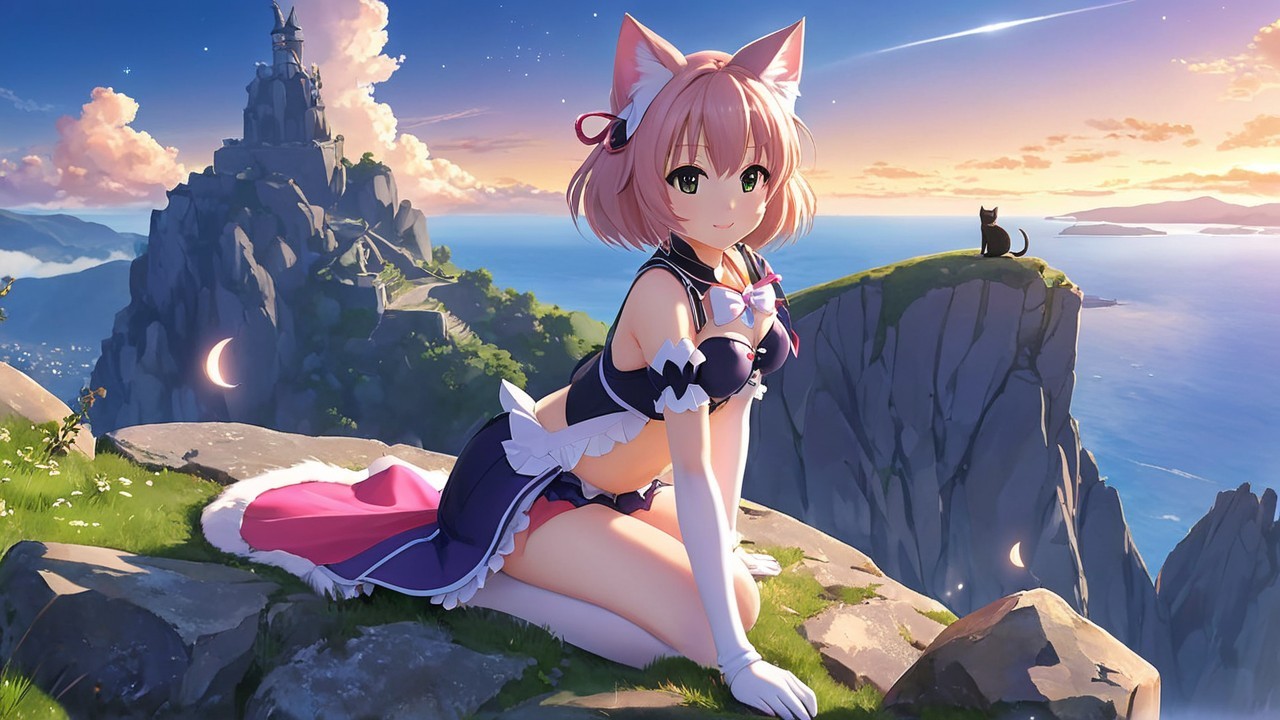 Magical Landscape with Girl and Cat at Sunset