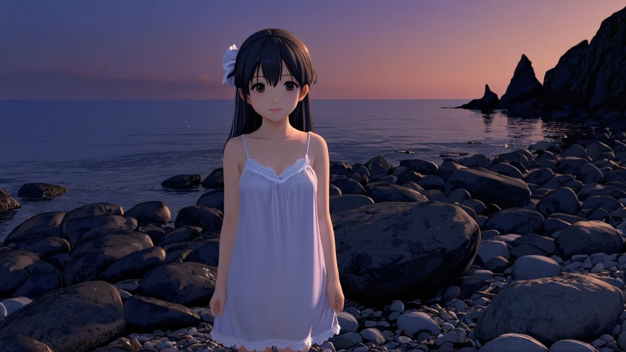 Serene Sunset Scene with Girl on Rocky Shoreline