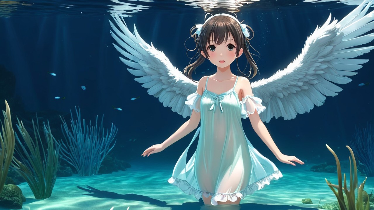Underwater Scene with Girl in Angel Wings and Fish
