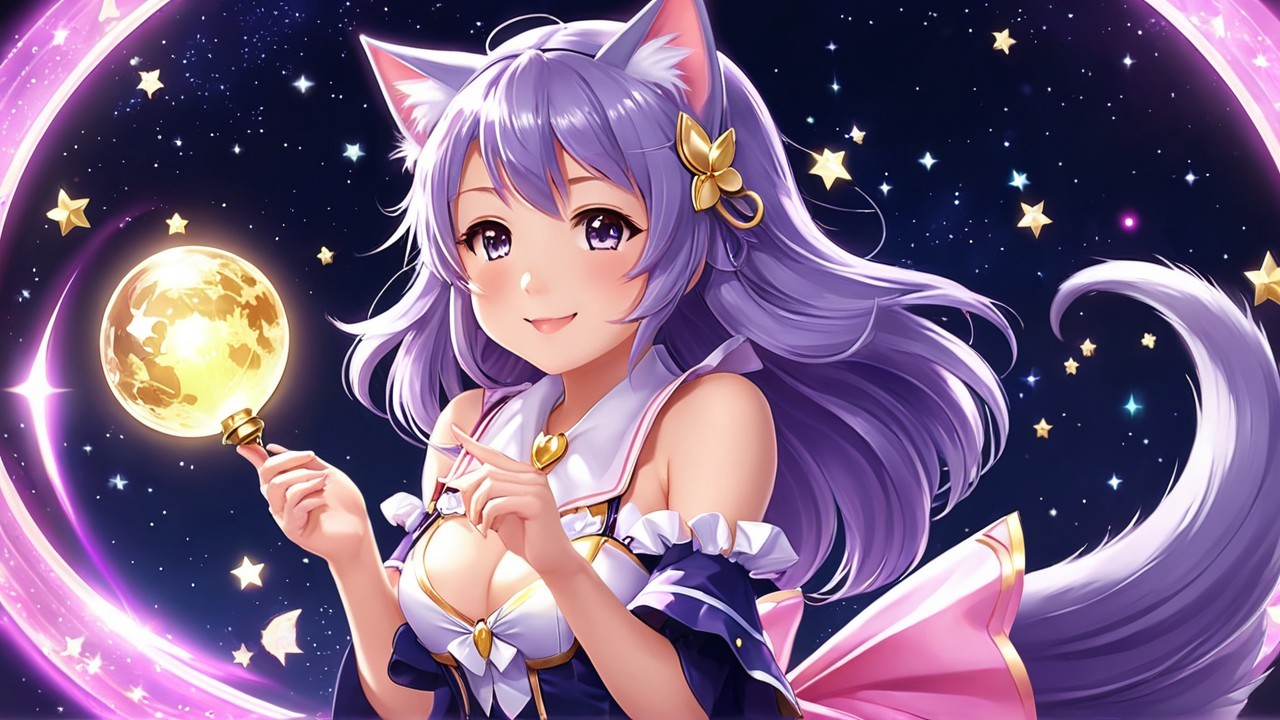 Young woman with feline features in starry sky setting