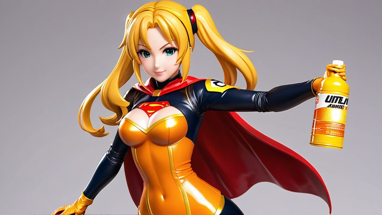 Female superhero in orange and blue costume with cape