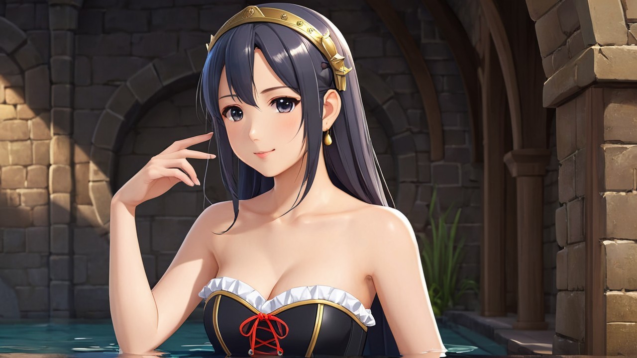 Character in Stylish Swimsuit by Serene Water Setting
