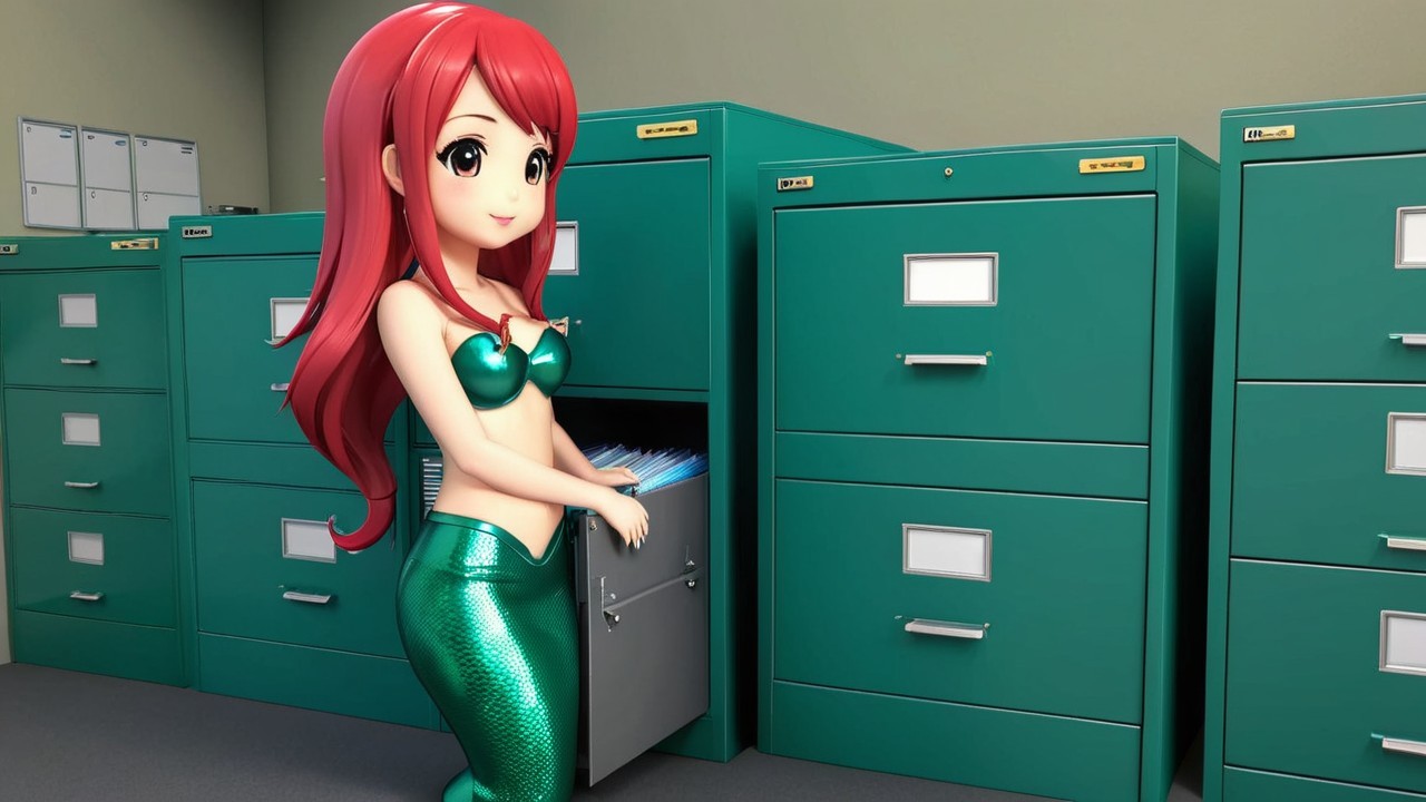 Animated Mermaid in Office Setting with Teal Cabinets